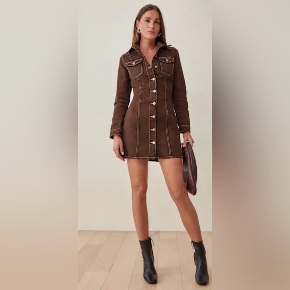 Reformation Brown Button-Front Mini Dress with Contrast Stitch